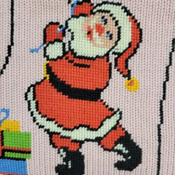 VTG Completed Needlepoint Christmas Stocking Kit Pink Wool Noel Santa Holiday